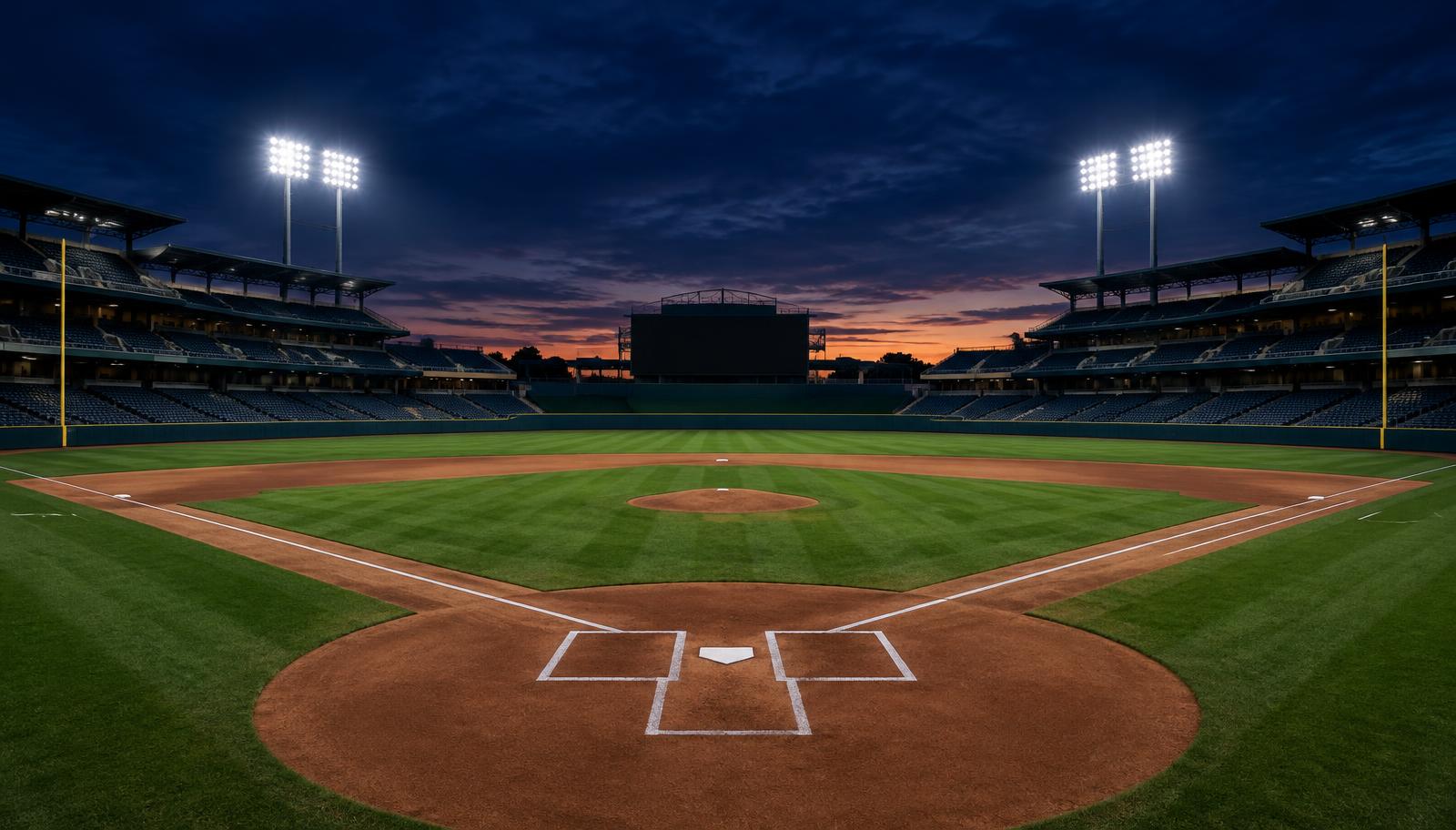 Baseball stadium under lights at dusk